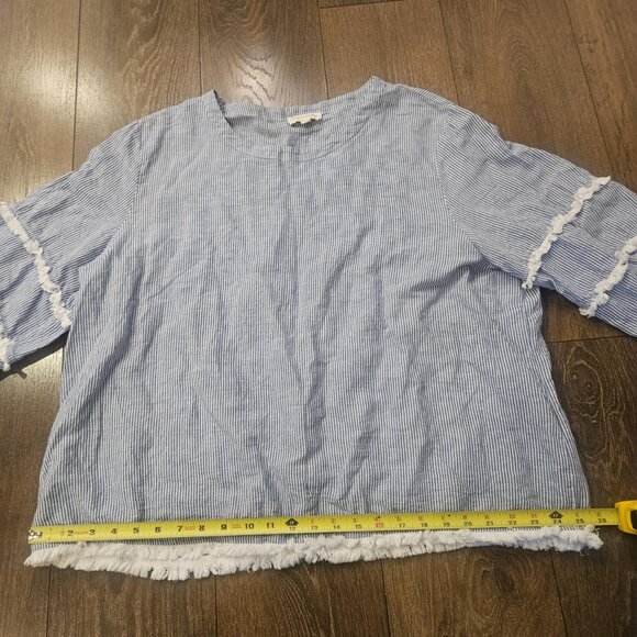 Cynthia Rowley Linen Blend Striped Blouse Boxy Fit Fringe 3/4 Sleeve Top Size 2x - Picture 7 of 14